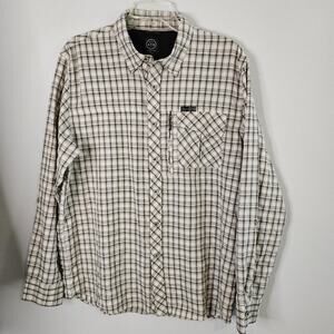 Wrangler ATG Shirt Mens L Brown Cream Button Up All Terrain Gear Outdoors Hiking